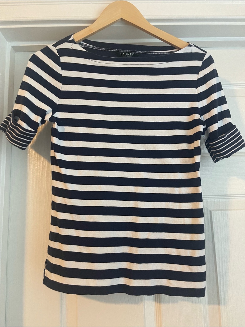 Lauren Ralph Lauren Navy and White Striped Boatneck Tee